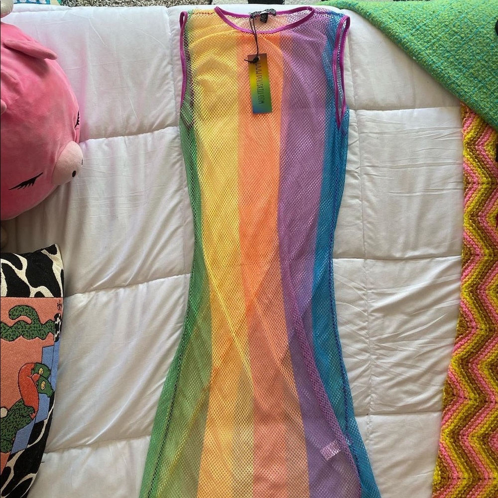 current mood rainbow fishnet dress